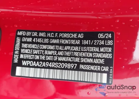 2024 Porsche 911 Carrera/Carrera 4/Carrera T z USA, uszkodzony, nr VIN WP0AA2A94RS209897